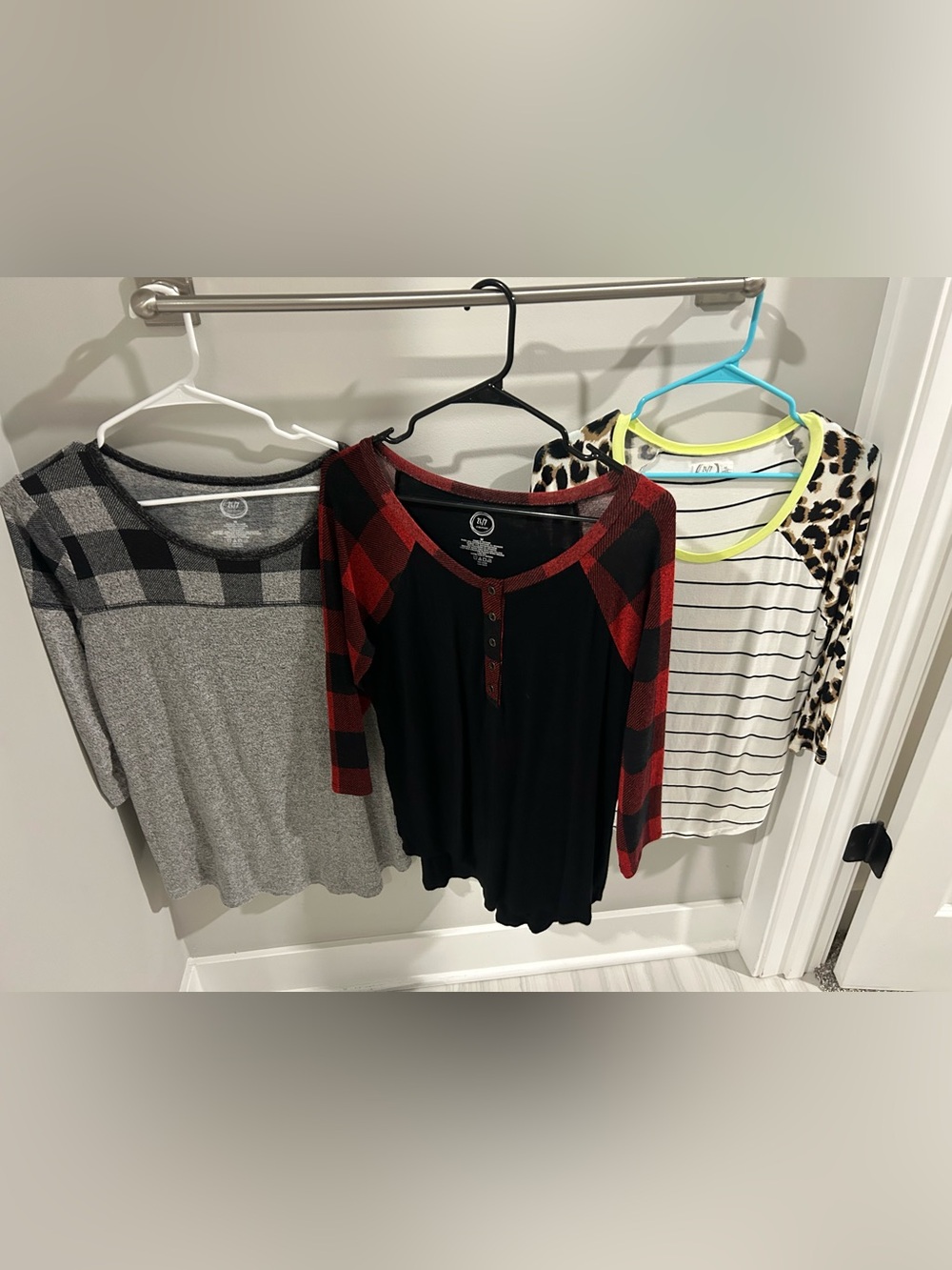 Maurices Black Top with Red Buffalo Plaid Raglan Sleeves